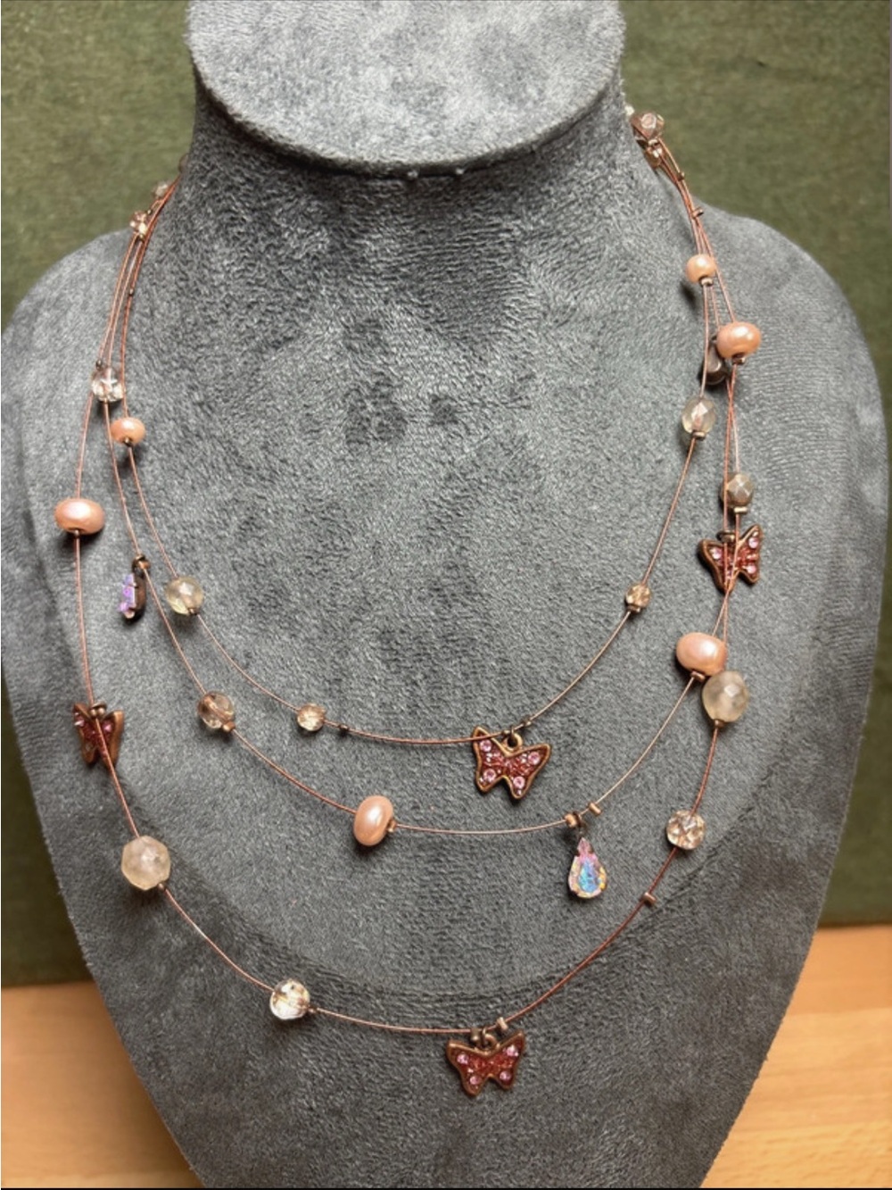 Avon Rose Gold Layered Butterfly Necklace with Pink Beads